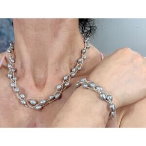Multi Strand, Freshwater Pearl Gray Color Necklace Bracelet Set Magnetic Clasp